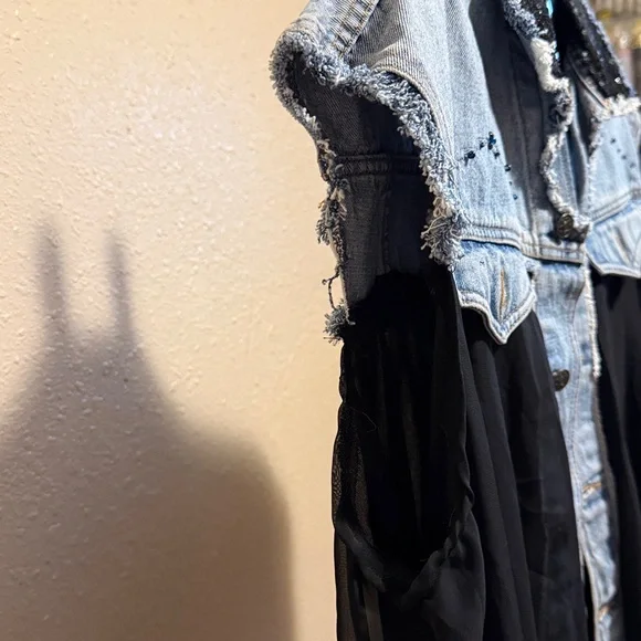 Sleeveless denim & black chiffon long sequin jacket duster high low custom flowy - Picture 10 of 14